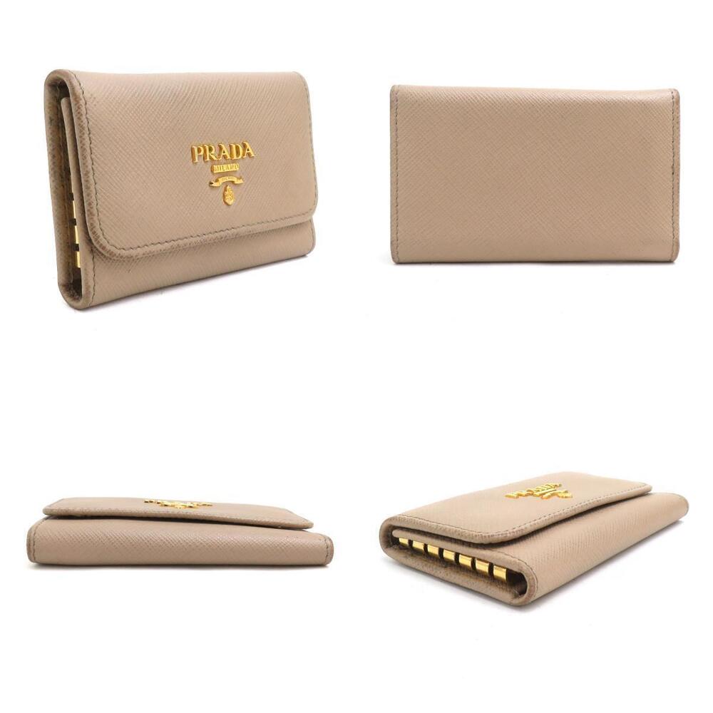 Prada Leather Cream Wallet Beige Case Key Cream Tan